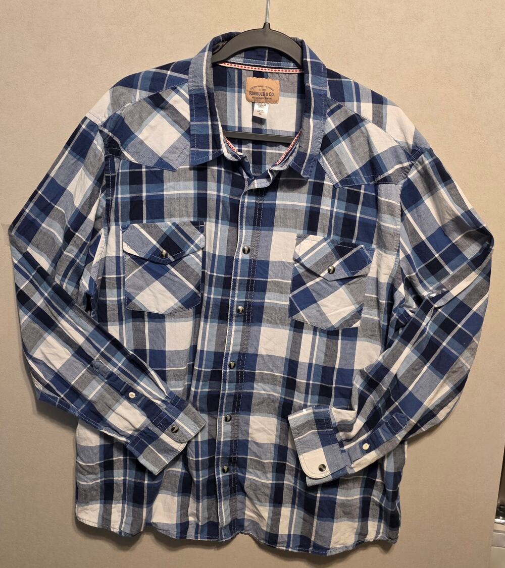 Roebuck & Co. Western Style Shirt Blye and White Plaid 100% cotton Size 2X